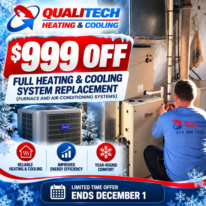 Qualitech $999 off full heating and cooling system replacement, limited time offer ends December 1