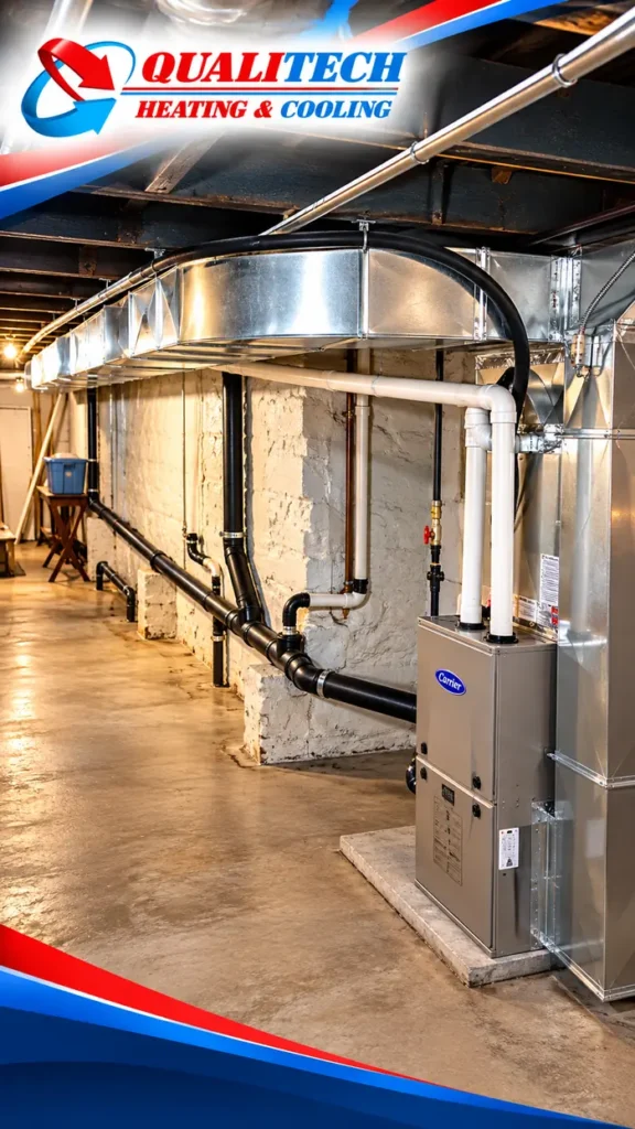 Carrier furnace with new ductwork in a home basement