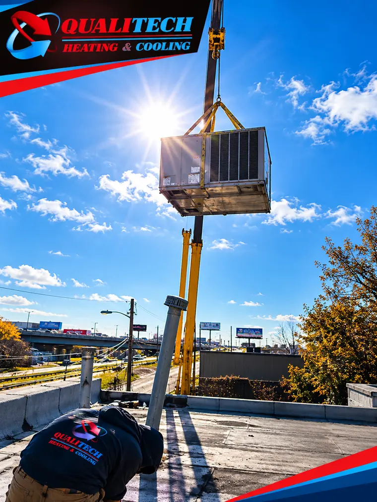 Rooftop HVAC unit being lifted into place by crane