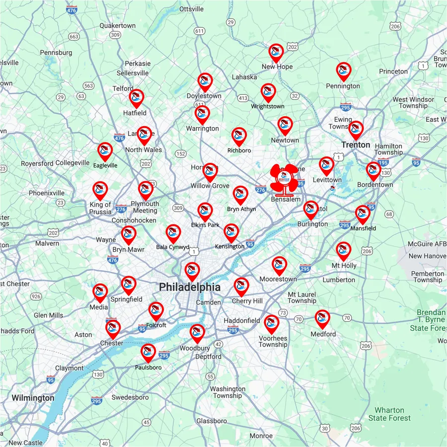 Map of the Philadelphia area with red pins marking the towns QualiTech serves, from Bensalem and Trenton to Doylestown, King of Prussia and Chester